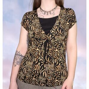 90s Vintage Y2k Brown Black Hibiscus Flower All Over Print Tropical Shirt Sz S